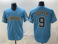Milwaukee Brewers #9 Bob Uecker Blue AmberGomez With Home & Bob Uecker Patch Stitched Jersey