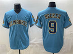 Milwaukee Brewers #9 Bob Uecker Blue AmberGomez With Home & Bob Uecker Patch Stitched Jersey