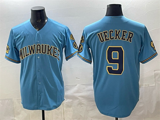 Milwaukee Brewers #9 Bob Uecker Blue AmberGomez With Home & Bob Uecker Patch Stitched Jersey