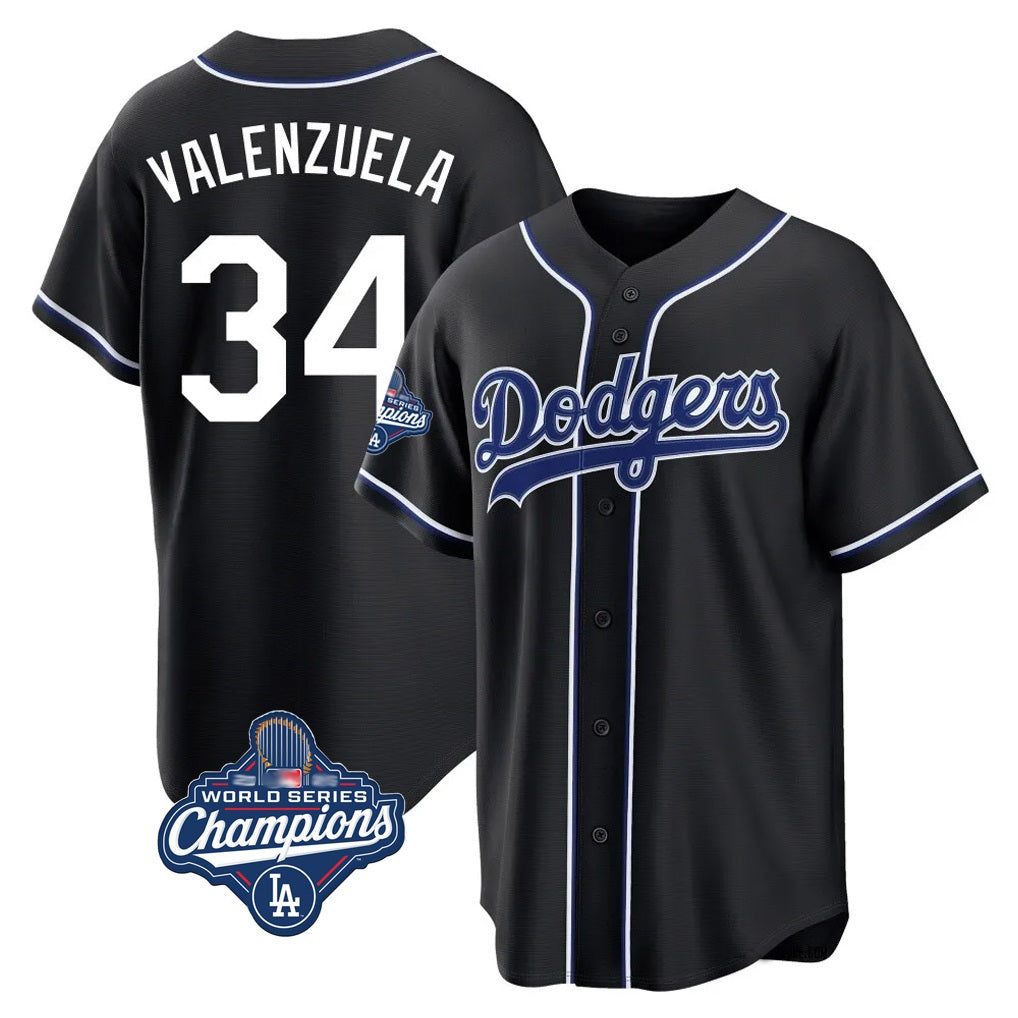 Los Angeles Dodgers #34 Fernando Valenzuela Player Black AmberGomez World Series Meet Carbon Limited Home Stitched Jerseys