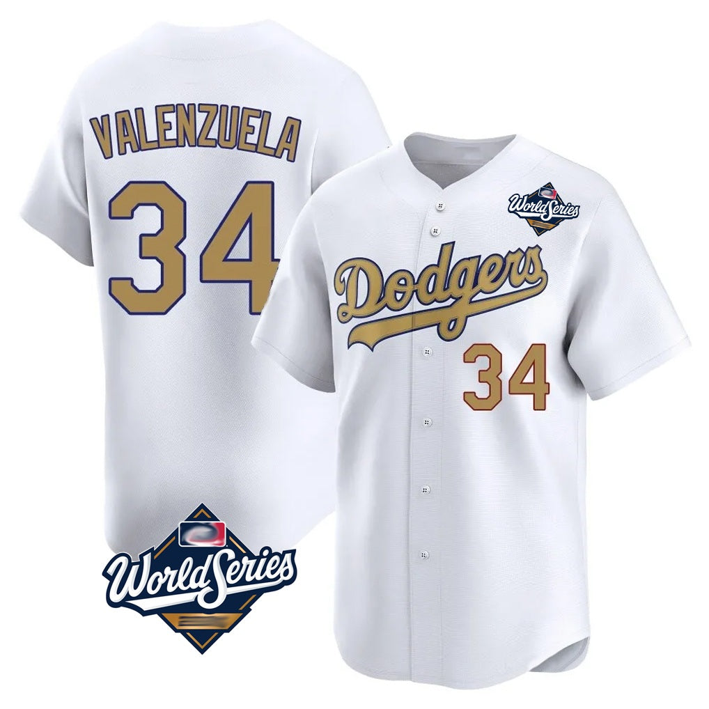 Los Angeles Dodgers #34 Fernando Valenzuela Player White Gold AmberGomez World Series Collection Limited Home Stitched Jerseys