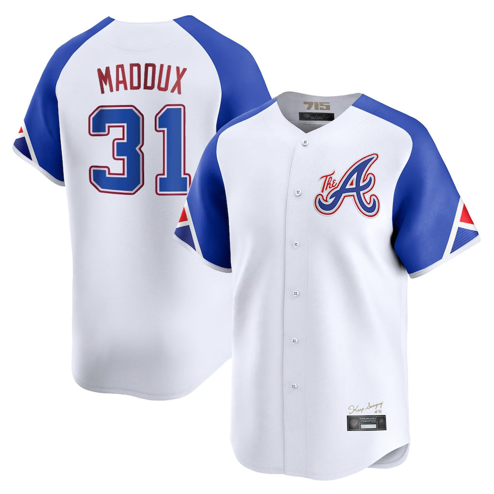 Atlanta Braves #31 Greg Maddux Player White AmberGomez City Connect Limited Home Game Stitched Jerseys