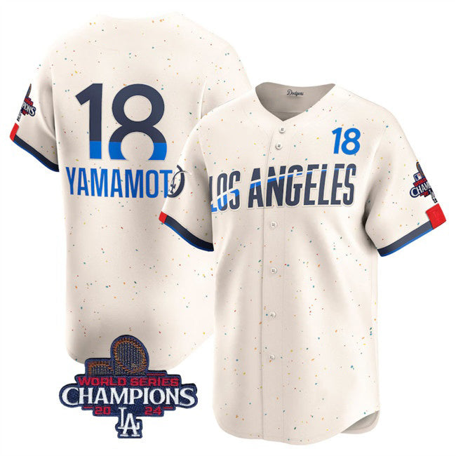 Los Angeles Dodgers #18 Yoshinobu Yamamoto Cream AmberGomez 2024 World Series Champions City Connect Limited Stitched Jersey