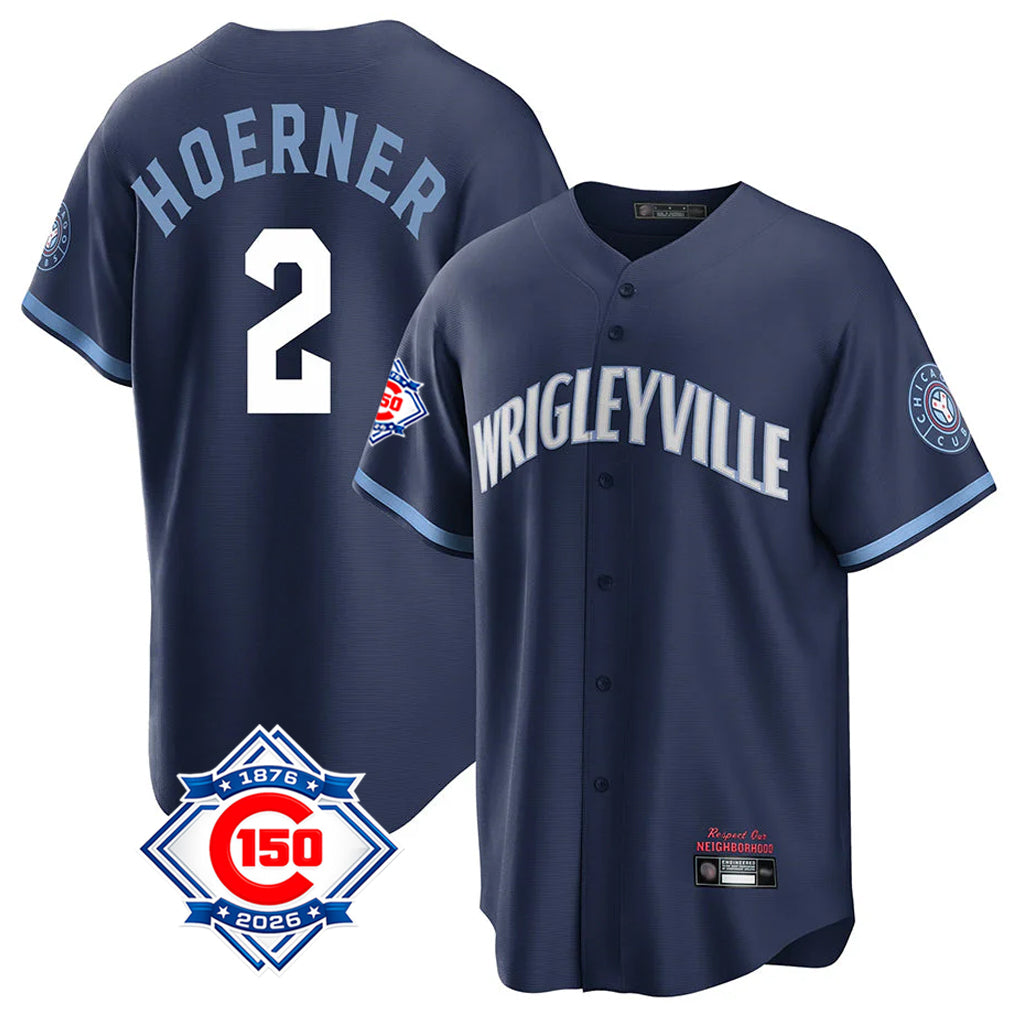 Chicago Cubs #2 Nico Hoerner Player Navy AmberGomez 150th Anniversary City Connect Home Game Stitched Jerseys