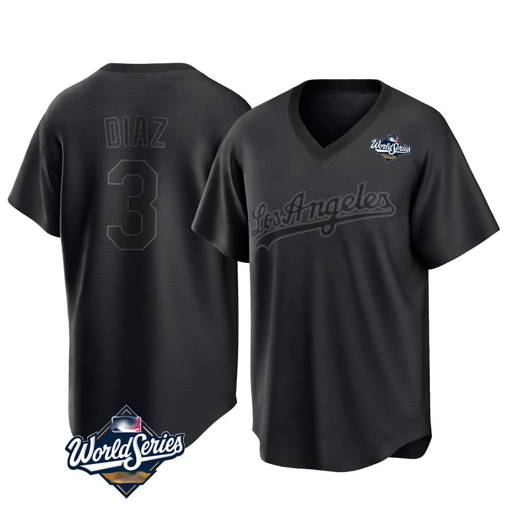 Los Angeles Dodgers #3 Edwin D¨ªaz Player Black AmberGomez World Series Pitch Fashion T-shirt Stitched Jerseys