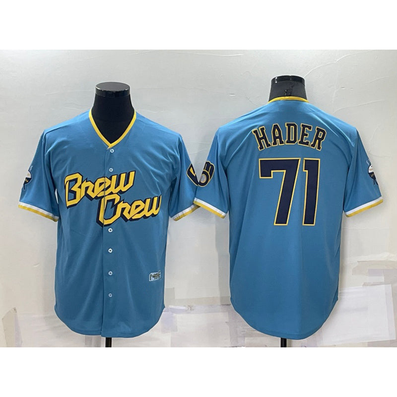 Milwaukee Brewers #71 Josh Hader Blue AmberGomez 2022 City Connect Cool Base Stitched Jersey