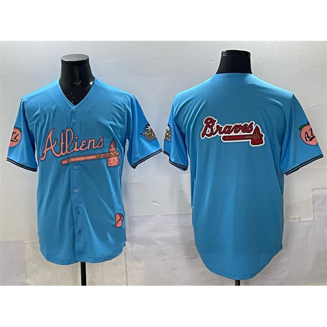 Atlanta Braves Team Big Logo Blue AmberGomez 2024 Atliens & Peach With Outkast Patch Vapor Limited Stitched Jersey