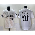 Los Angeles Dodgers #50 Mookie Betts White AmberGomez 2025 LA Gothic Style With 2024 World Series Champions Patch Vapor Premier Limited Stitched Jersey