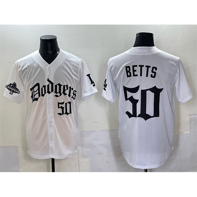 Los Angeles Dodgers #50 Mookie Betts White AmberGomez 2025 LA Gothic Style With 2024 World Series Champions Patch Vapor Premier Limited Stitched Jersey
