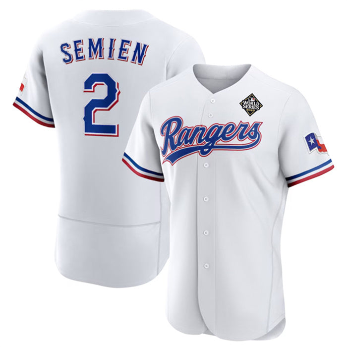 Texas Rangers #2 Marcus Semien White AmberGomez 2023 World Series Flex Base Stitched Jersey