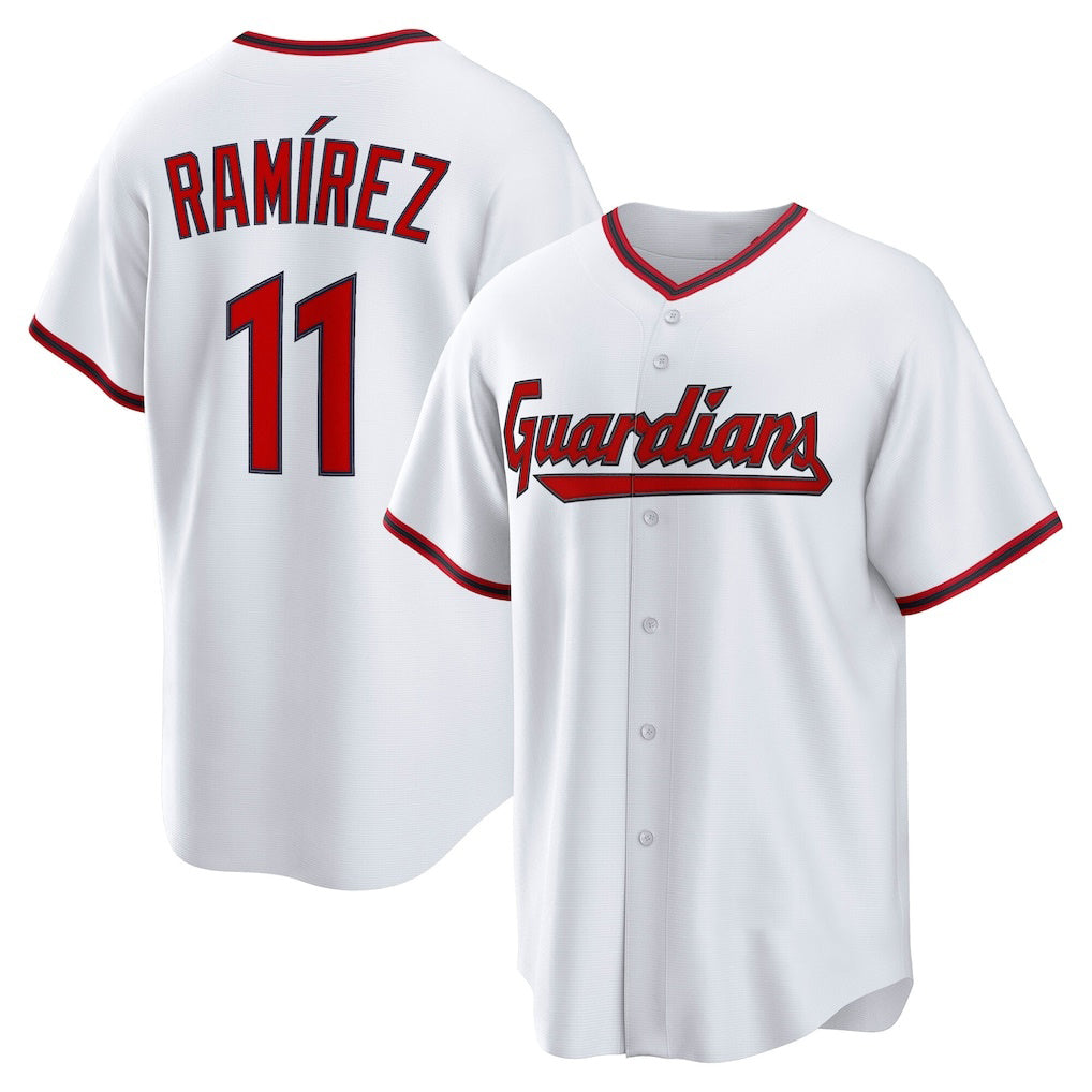 Cleveland Guardians #11 Jos¨¦ Ram¨ªrez White AmberGomez Home Replica Jersey
