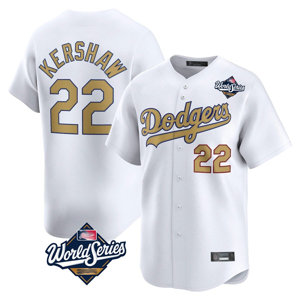 Los Angeles Dodgers #22 Clayton Kershaw Player White Gold AmberGomez World Series Collection Limited Home Stitched Jerseys