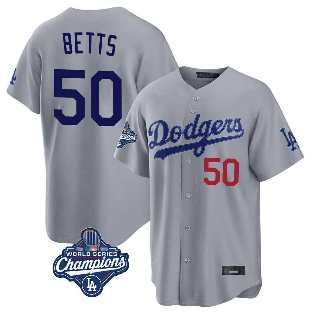 Los Angeles Dodgers #50 Mookie Betts Player Gray AmberGomez World Series Meet Game Home Stitched Jerseys