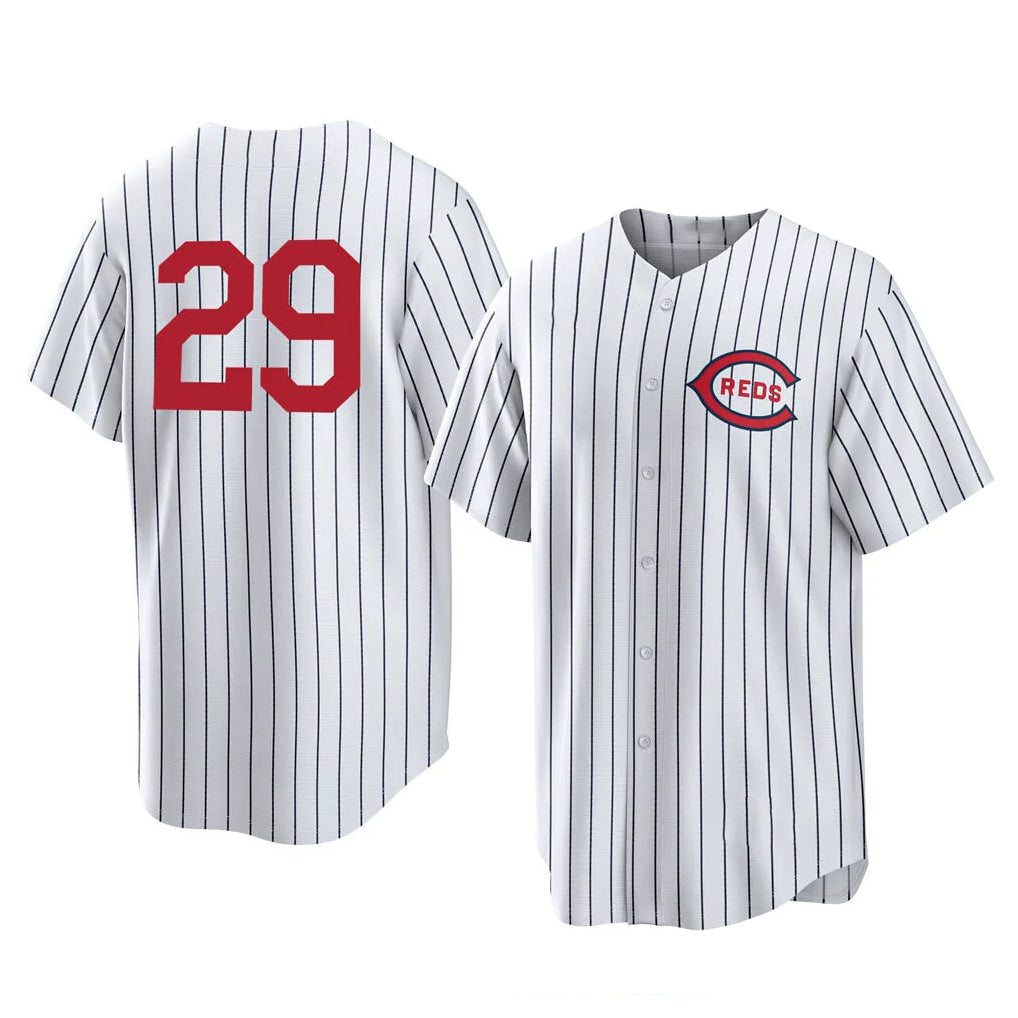 Cincinnati Reds #29 TJ Friedl Player White AmberGomez Stripe Field of Dreams Game Home Stitched Jerseys