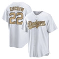Los Angeles Dodgers #22 Clayton Kershaw Player White Gold AmberGomez Collection Game Home Stitched Jerseys