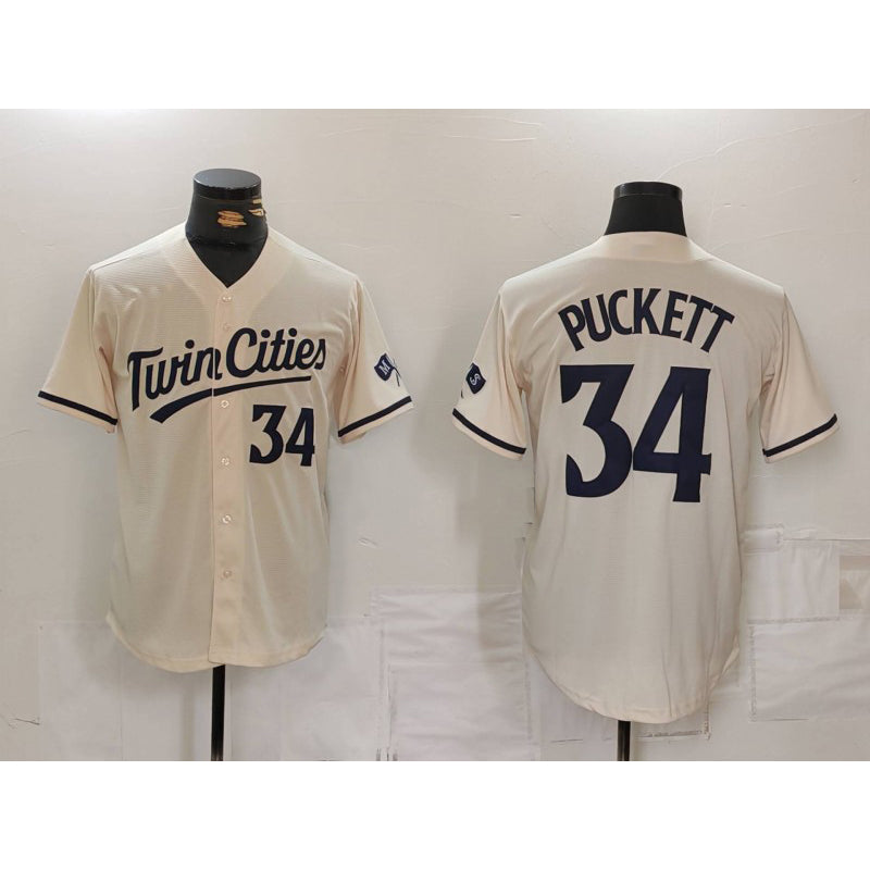 Minnesota Twins #34 Kirby Puckett Number Cream AmberGomez Cool Base Stitched Jersey