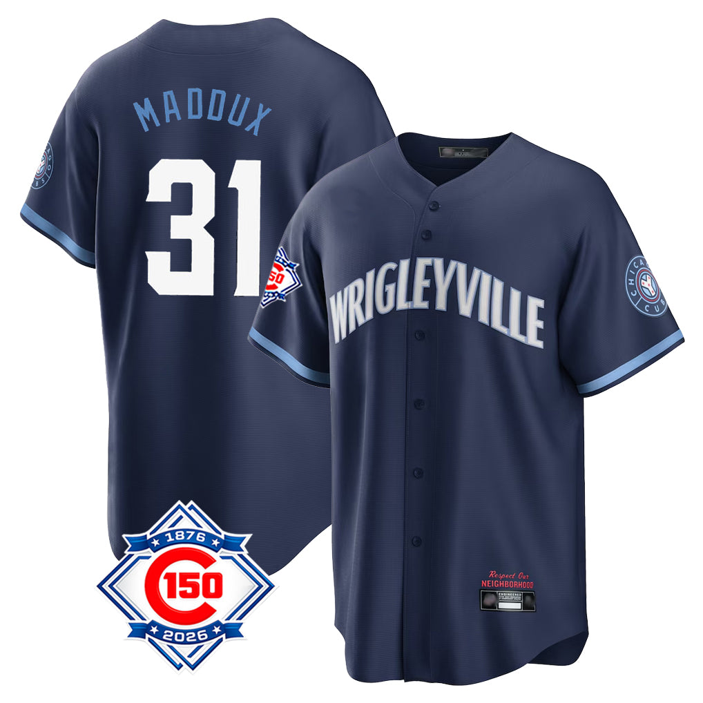 Chicago Cubs #31 Greg Maddux Player Navy AmberGomez 150th Anniversary City Connect Home Game Stitched Jerseys
