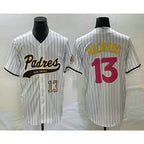 San Diego Padres #13 Manny Machado Number White AmberGomez Pinstripe 2023 City Connect Cool Base Stitched Jersey