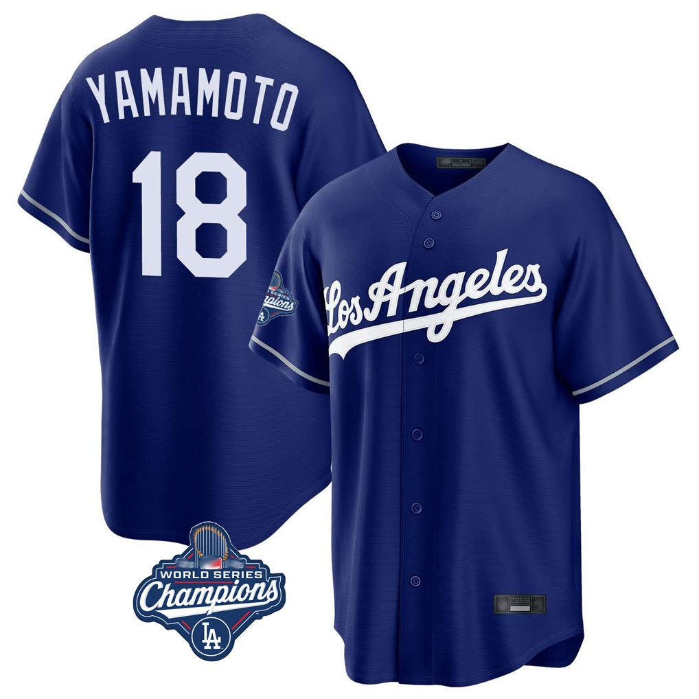 Los Angeles Dodgers #18 Yoshinobu Yamamoto Player Royal AmberGomez World Series Meet Game Stitched Jerseys