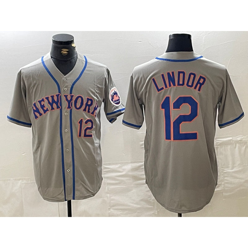 New York Mets #12 Francisco Lindor Number Grey AmberGomez Stitched Cool Base Jersey