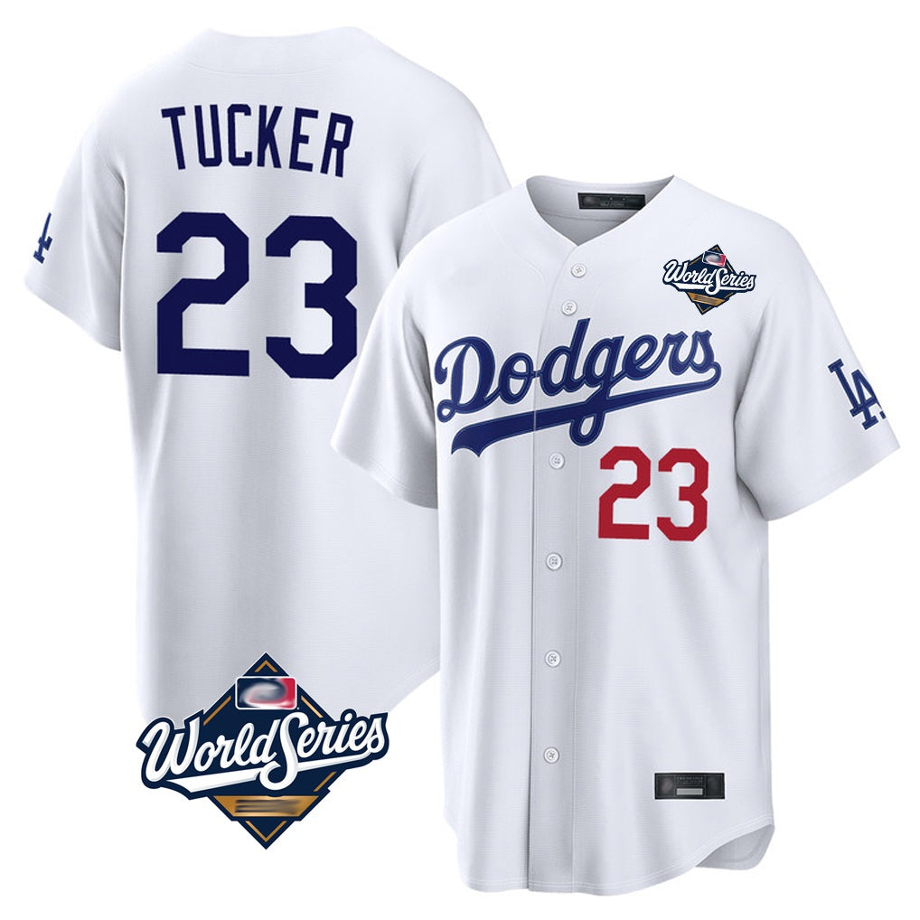 Los Angeles Dodgers #23 Kyle Tucker Player White AmberGomez World Series Home Game Stitched Jerseys