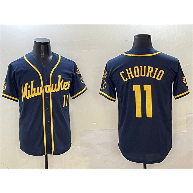 Milwaukee Brewers #11 Jackson Chourio Navy AmberGomez With Home Patch Limited Stitched Jersey