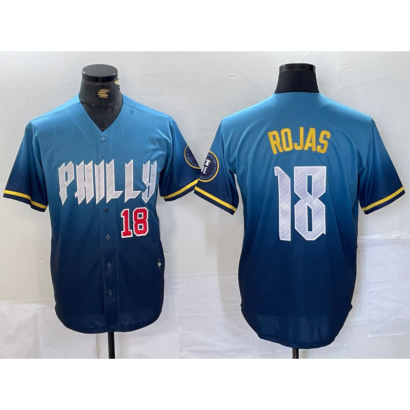 Philadelphia Phillies #18 Johan Rojas Number Blue AmberGomez 2024 City Connect Limited Stitched Jersey