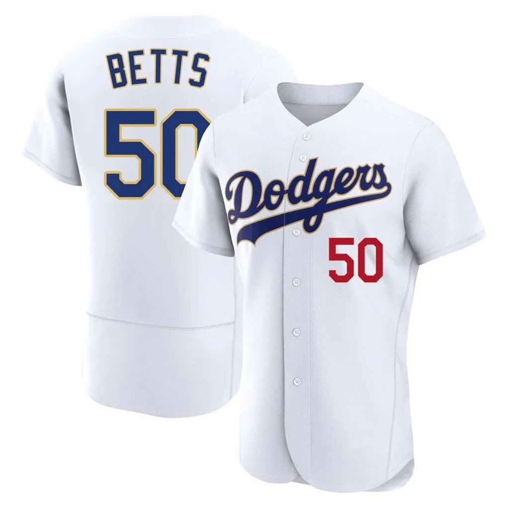 Los Angeles Dodgers #50 Mookie Betts Player Gold White AmberGomez 2026 Collection Stadium Limited Elite Stitched Jerseys