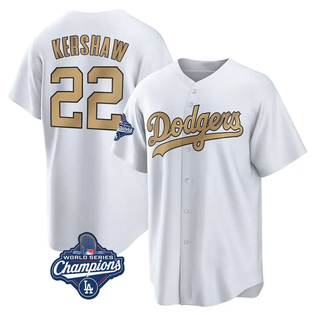 Los Angeles Dodgers #22 Clayton Kershaw Player White Gold AmberGomez World Series Meet Collection Game Home Stitched Jerseys