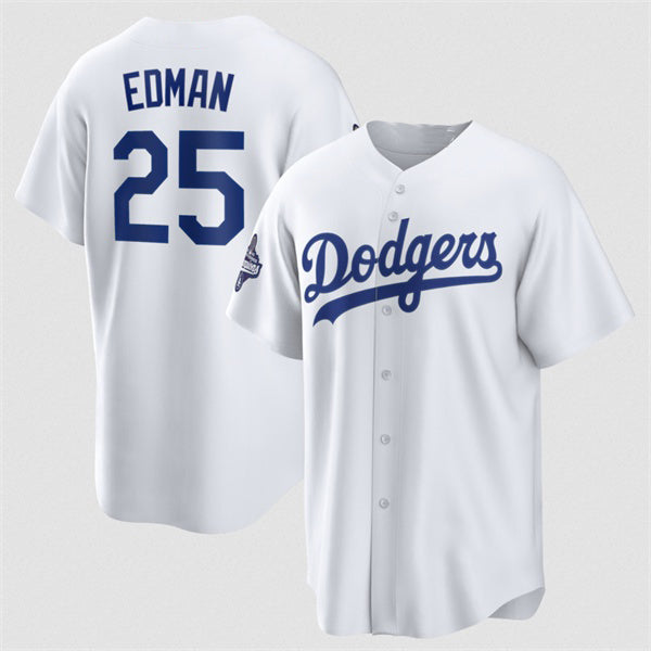 Los Angeles Dodgers #25 Tommy Edman White AmberGomez 2025 World Series Champions Home Cool Base Stitched Jersey