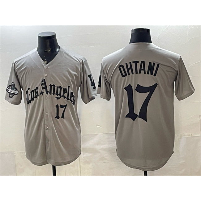 Los Angeles Dodgers #17 Shohei Ohtani Grey AmberGomez LA Gothic Style With 2025 World Series Champions Patch Limited Stitched Jersey
