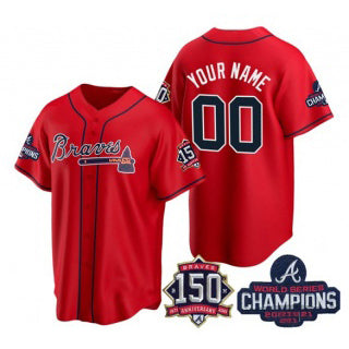 Custom Atlanta Braves Red AmberGomez Active Player 2021 World Series Chimpions With 150th Anniversary Cool Base Stitched Jersey