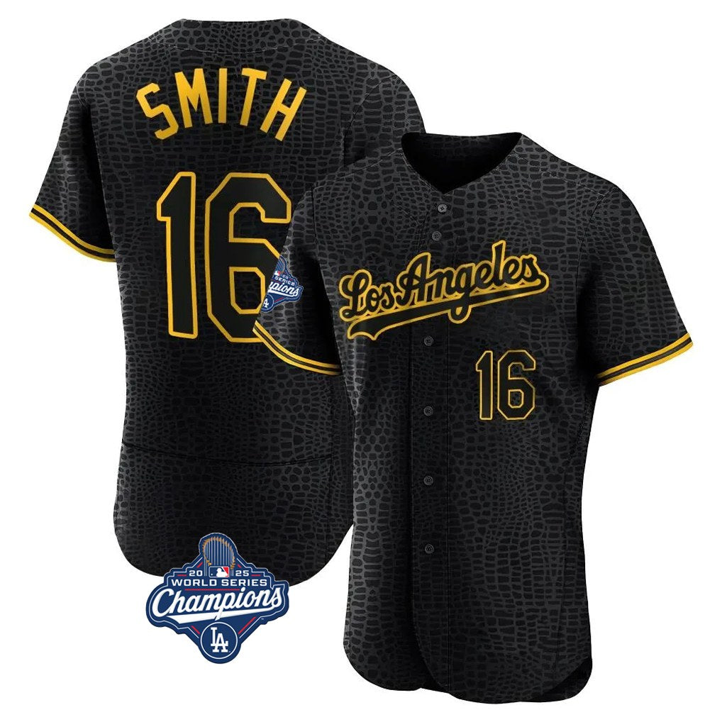 Los Angeles Dodgers #16 Will Smith Player Black AmberGomez World Series Meet Snake Skin City Limited Elite Home Stitched Jerseys