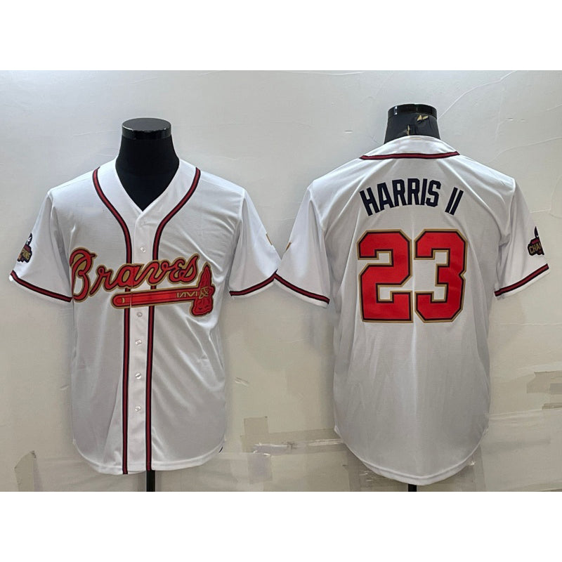 Atlanta Braves #23 Michael Harris II White Gold AmberGomez World Series Champions Program Cool Base Stitched Jersey