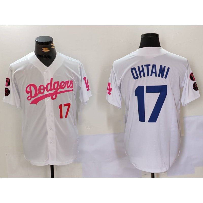 Los Angeles Dodgers #17 Shohei Ohtani White Pink AmberGomez Vin & Kobe Patch Stitched Jerseys