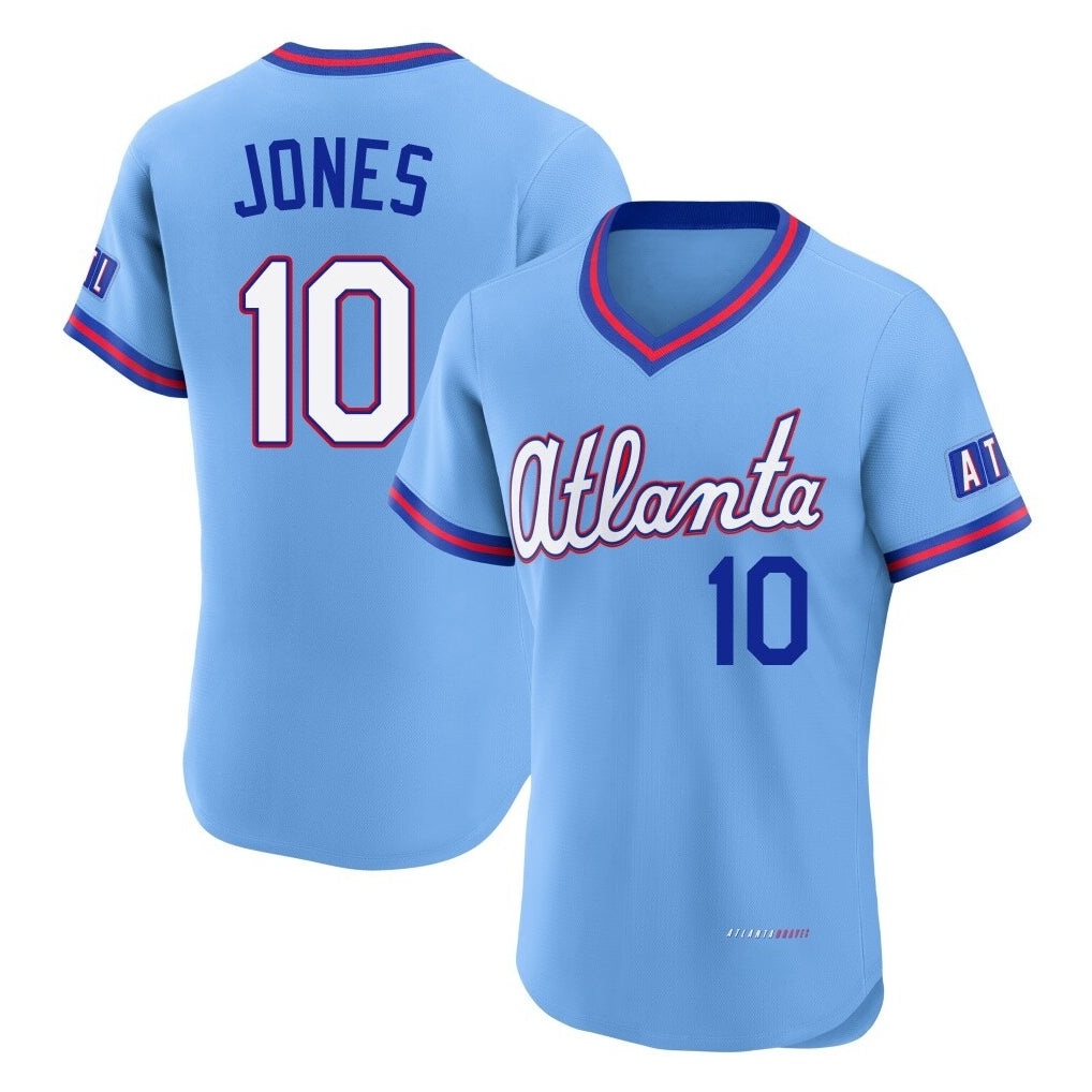 Atlanta Braves #10 Chipper Jones Player Powder Blue AmberGomez 2026 City Connect T-shirt Limited Elite Home Game Stitched Jerseys