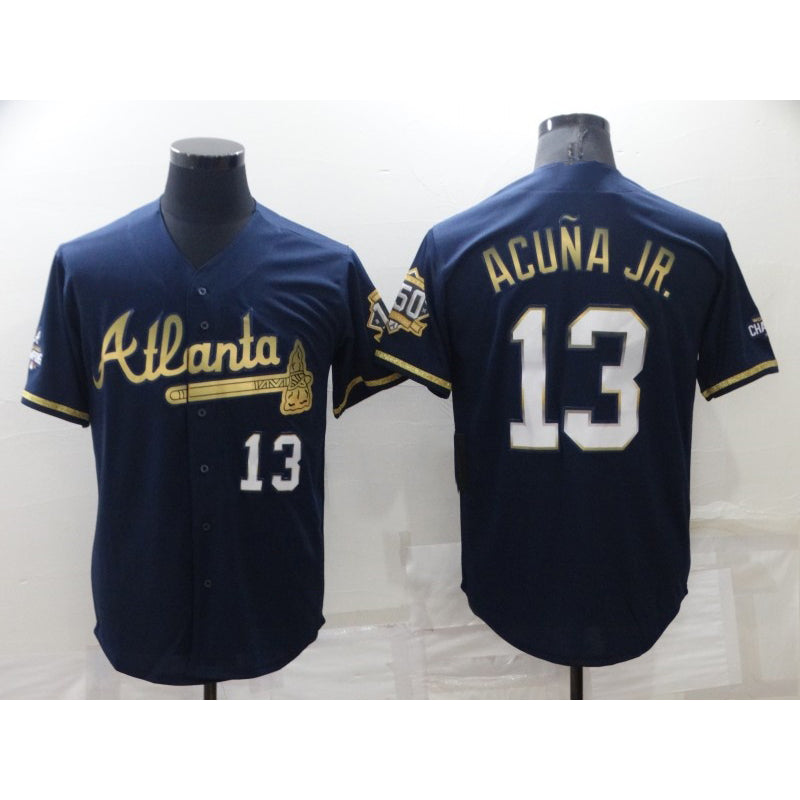 Atlanta Braves #13 Ronald Acuna Jr Navy Blue AmberGomez 2021 World Series Champions Golden Edition Stitched Cool Base Jersey