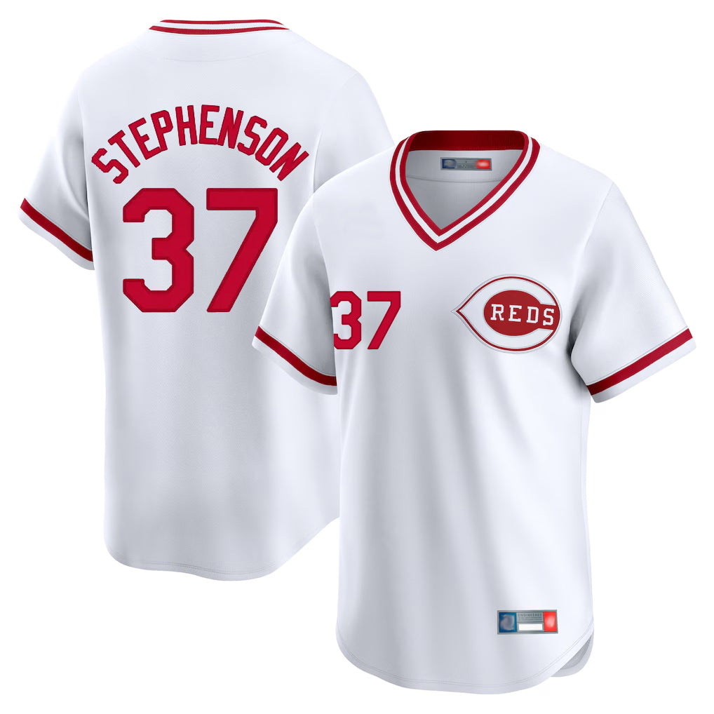 Cincinnati Reds #37 Tyler Stephenson Player White AmberGomez Cooperstown Collection Limited T-shirt Home Stitched Jerseys