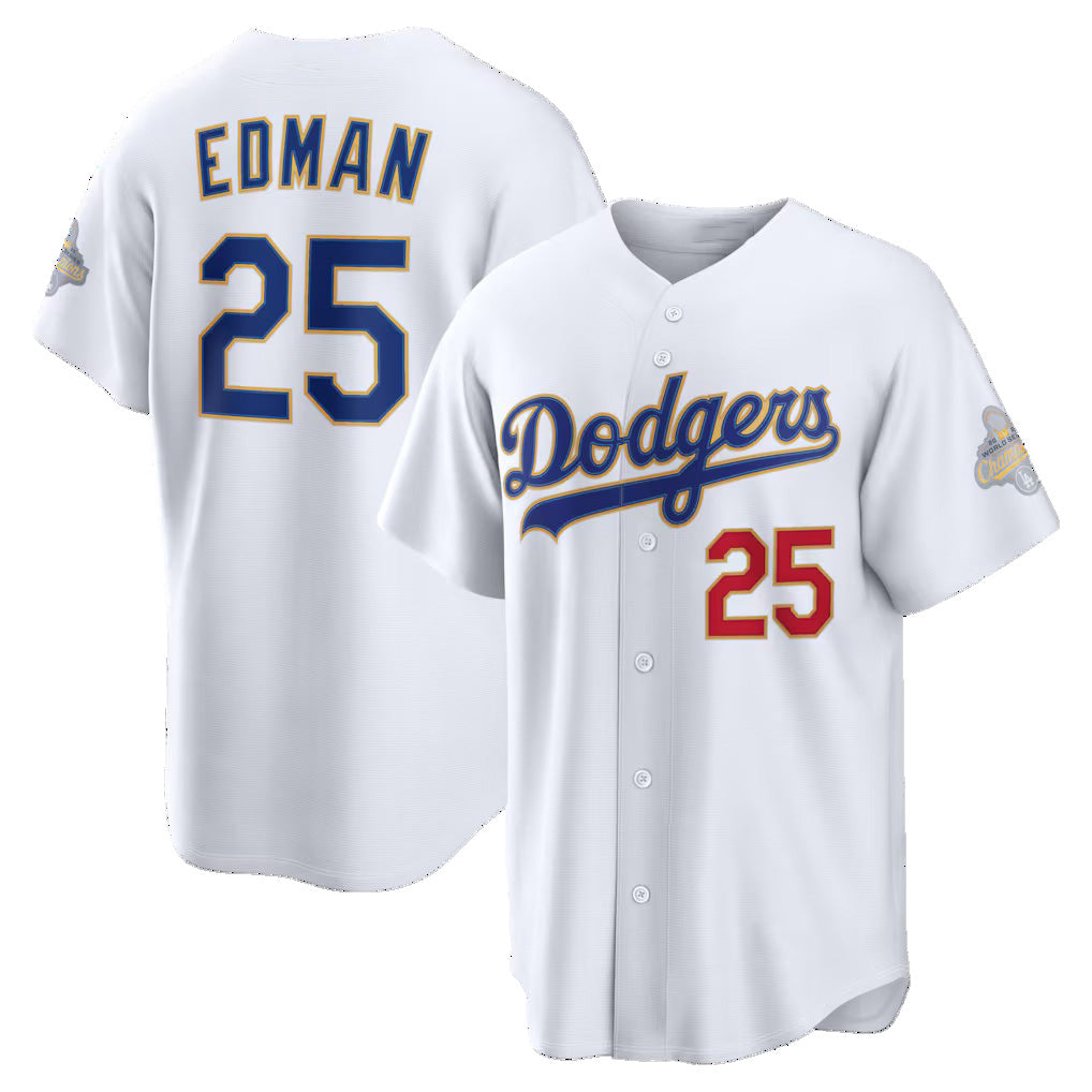 Los Angeles Dodgers #25 Tommy Edman White AmberGomez 2026 Gold Collection Stadium Jersey