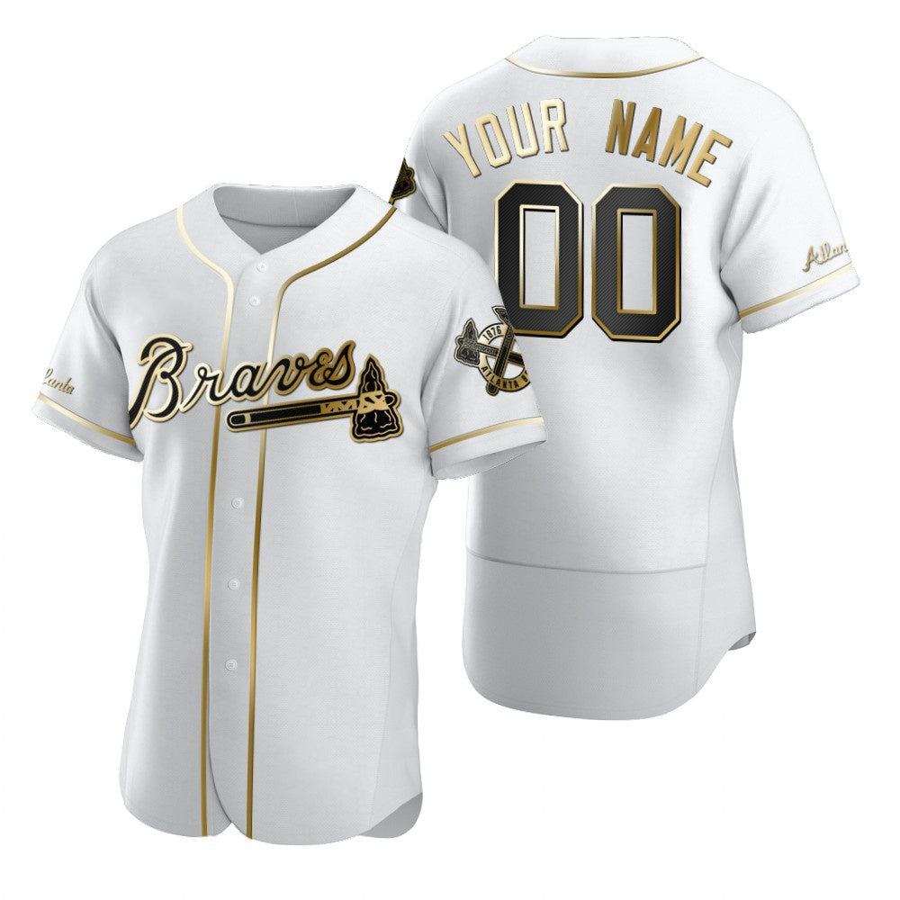 Custom Atlanta Braves White AmberGomez Stitched Flex Base Golden Edition Jersey