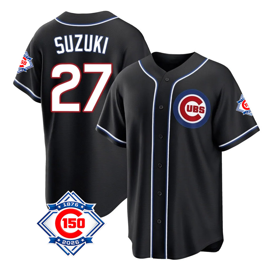 Chicago Cubs #27 Seiya Suzuki Player Black AmberGomez Fashion Out 150th Anniversary Game Stitched Jerseys