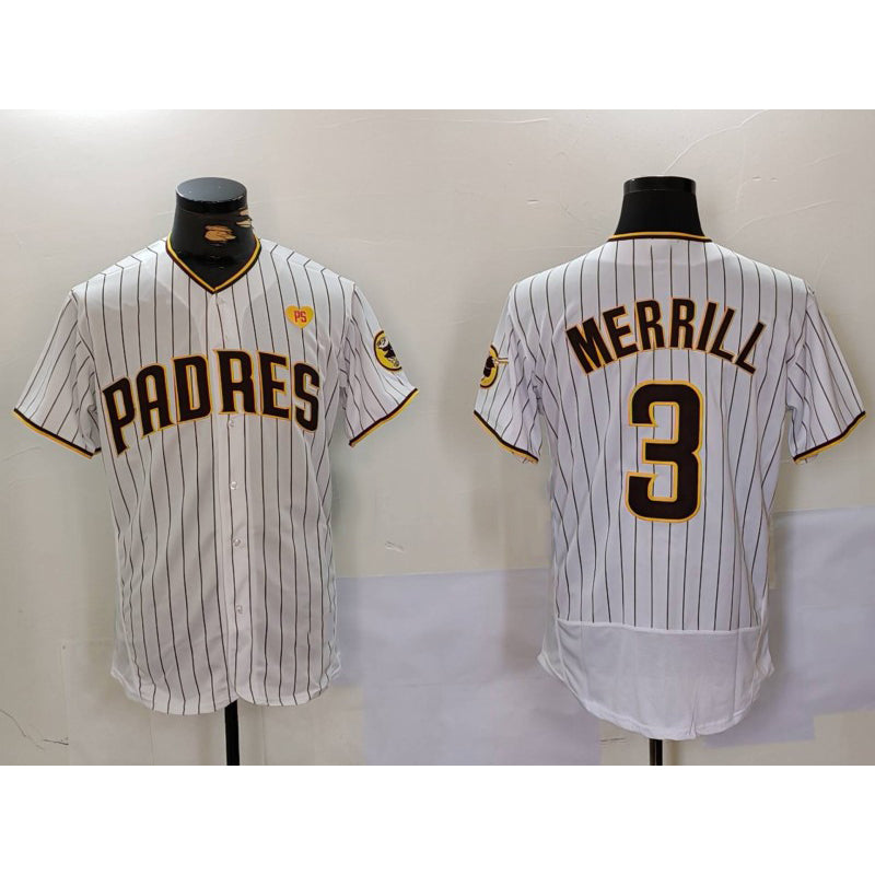 San Diego Padres #3 Jackson Merrill White AmberGomez With PS Patch Stitched Flex Base Jersey 2