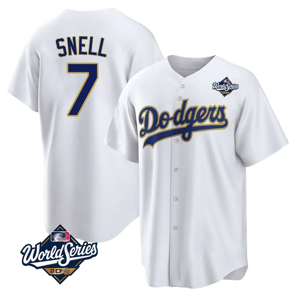 Los Angeles Dodgers #7 Blake Snell Player Gold White AmberGomez World Series Home Game Stitched Jerseys