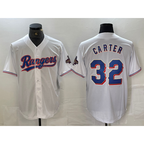 Texas Rangers #32 Evan Carter White AmberGomez 2023 World Series Champions Cool Base Jersey