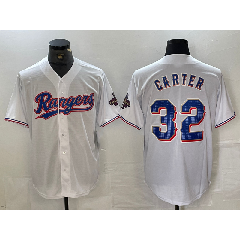 Texas Rangers #32 Evan Carter White AmberGomez 2023 World Series Champions Cool Base Jersey