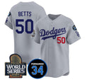 Los Angeles Dodgers #50 Mookie Betts Grey AmberGomez 2024 World Series With Fernando Memorial Patch Limited Stitched Jersey