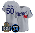 Los Angeles Dodgers #50 Mookie Betts Grey AmberGomez 2024 World Series With Fernando Memorial Patch Limited Stitched Jersey