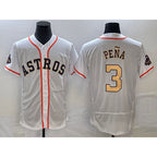 Houston Astros #3 Jeremy Pena 2023 White Gold AmberGomez World Serise Champions Patch Flex Base Stitched Jersey