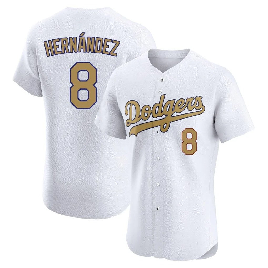 Los Angeles Dodgers #8 Enrique Hern¨¢ndez Player White Gold AmberGomez Limited Elite Home Stitched Jerseys