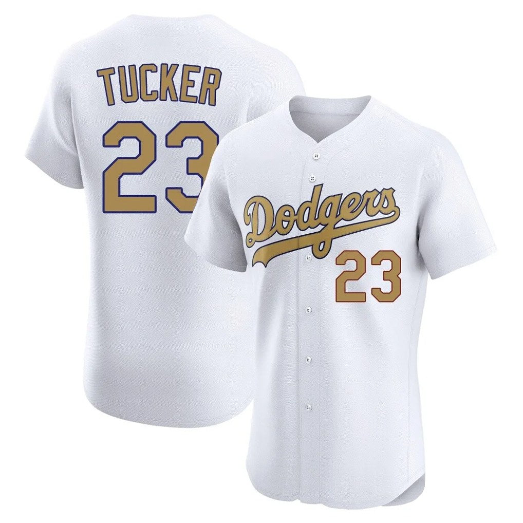Los Angeles Dodgers #23 Kyle Tucker Player White Gold AmberGomez Limited Elite Home Stitched Jerseys